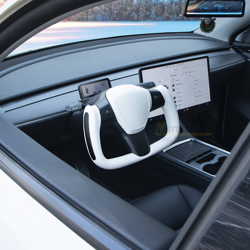 Hansshow Tesla Yoke Steering Wheel Ellipse style Nappa White Leather with Heated Feature