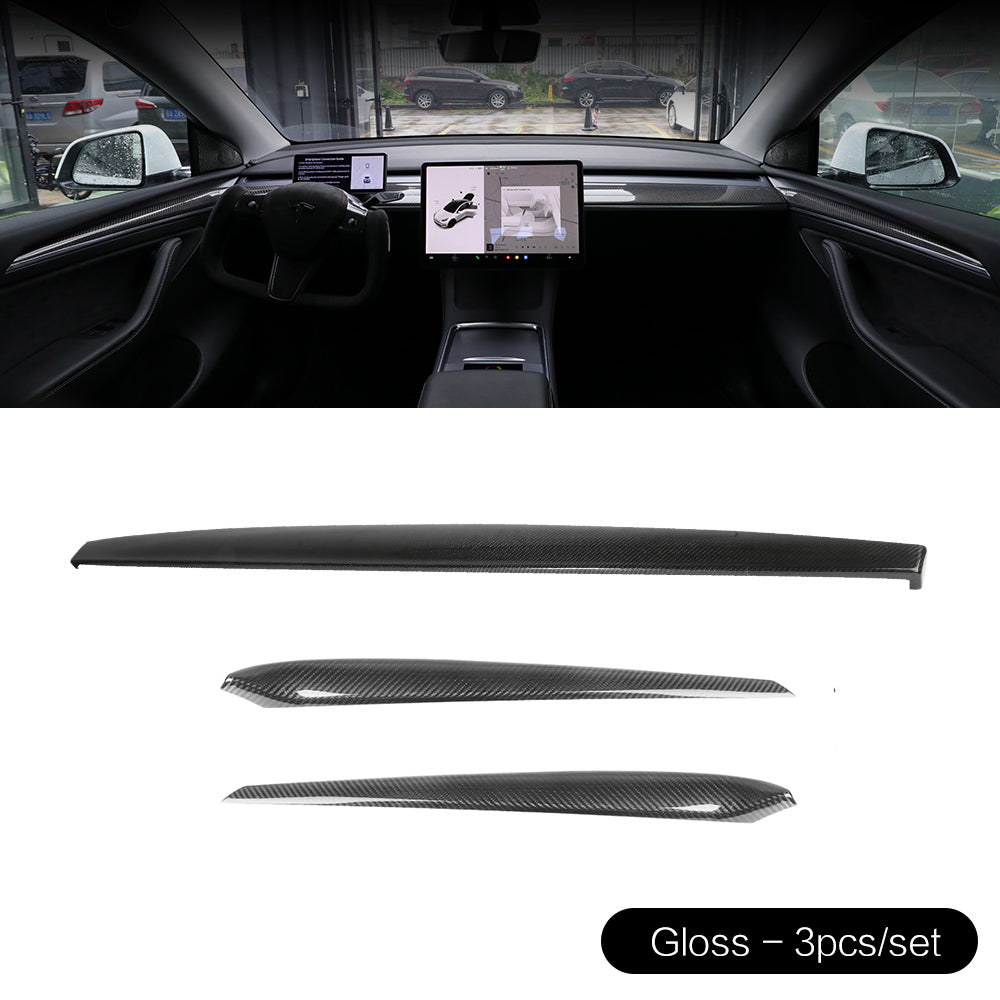 Gloss 3pcs/set Real Carbon Fiber Dashboard Cover Front Door Trim Panel Caps 
