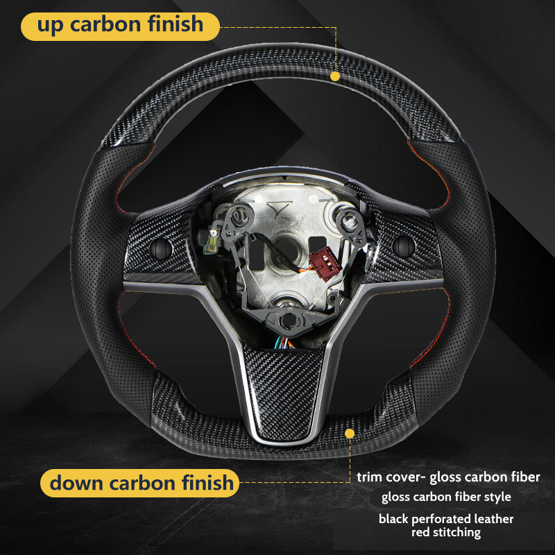 Gloss carbon fiber steering wheel with perforated leather.