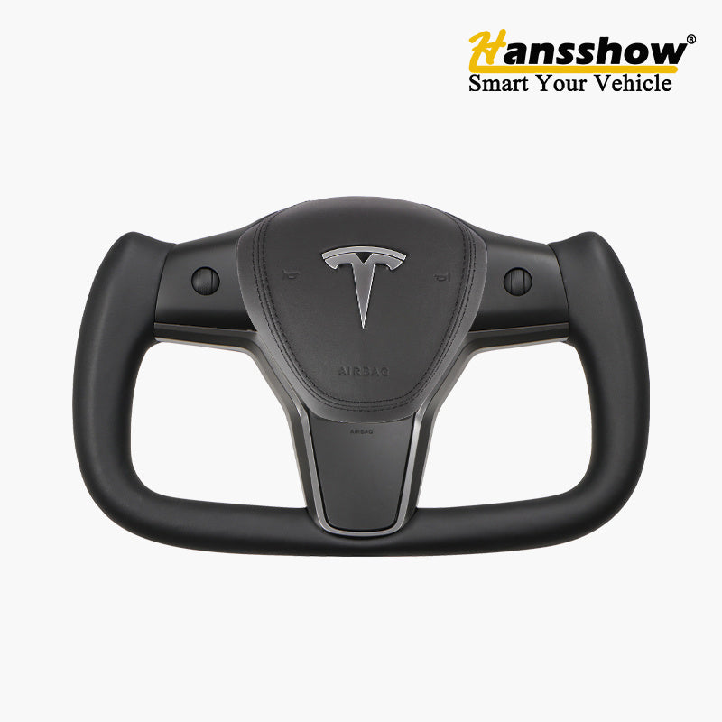 HANSSHOW Tesla Yoke Steering Wheel for Model 3/Y Ellipse Normal Black Leather with heated feature
