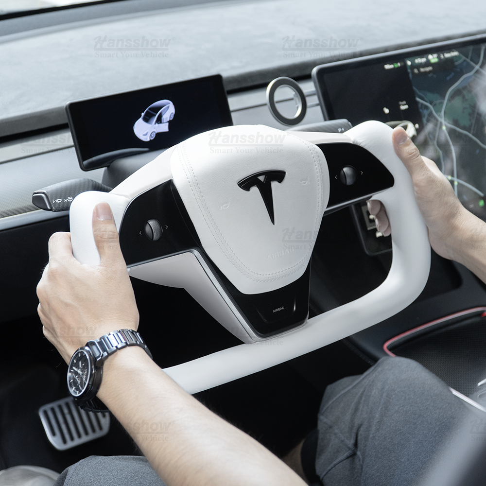 Volant Tesla Model 3/Y Yoke (inspiré du Model X/S Yoke) - Cuir Nappa Blanc