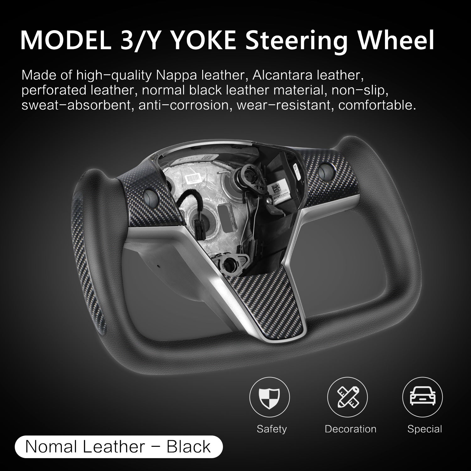 HANSSHOW Volant Tesla Yoke pour modèle 3/Y Ellipse cuir noir normal avec fonction chauffante