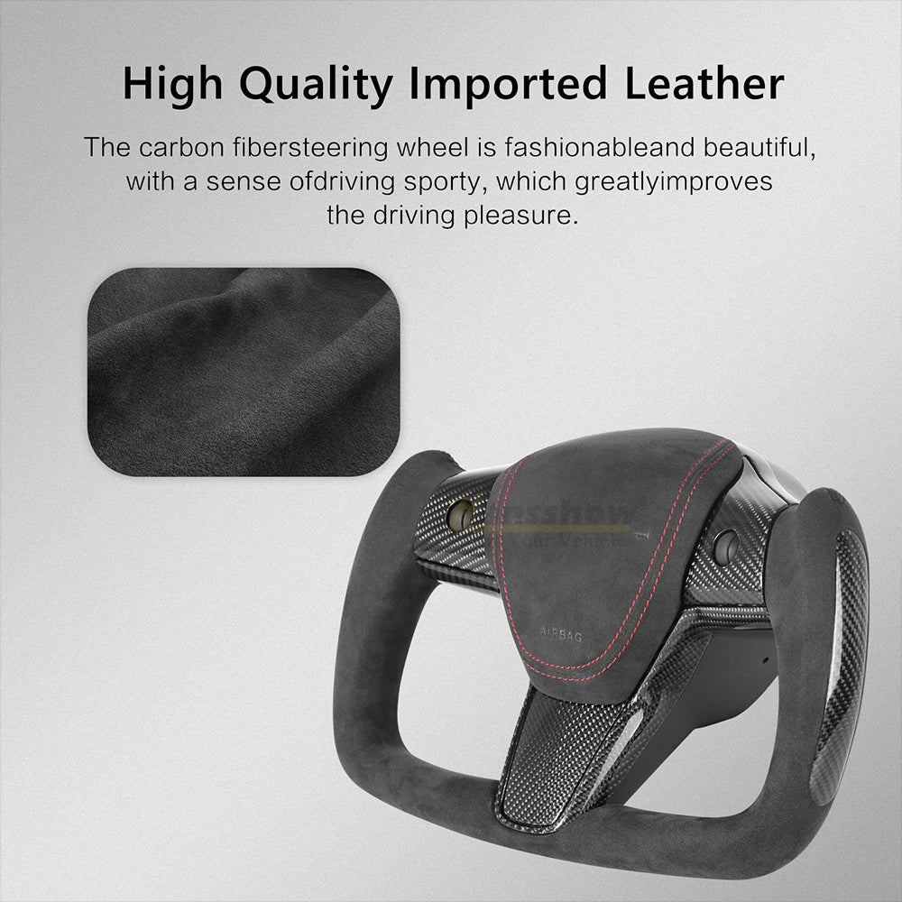 HANSSHOW Model 3/Y Alcantara Black Yoke Steering Wheel Ellipse Style with Heating Function
