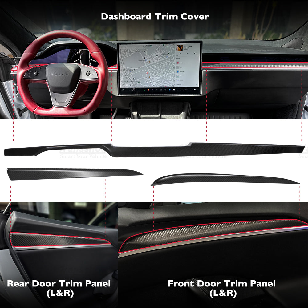 Kit de puertas interiores de fibra de carbono y molduras del tablero del Model S 2022+ (7 piezas / juego)