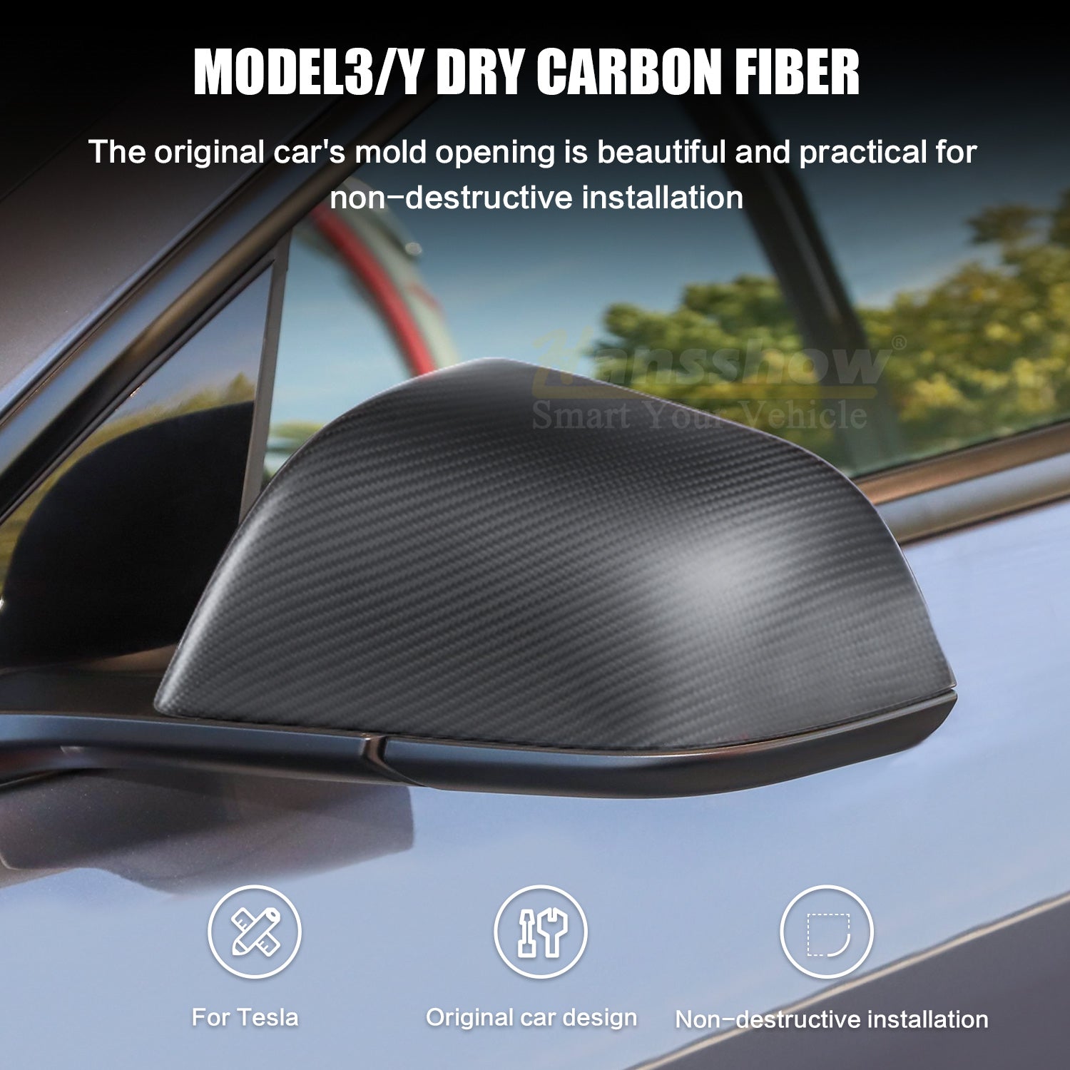 Cubierta del espejo retrovisor de fibra de carbono real Model 3/Y