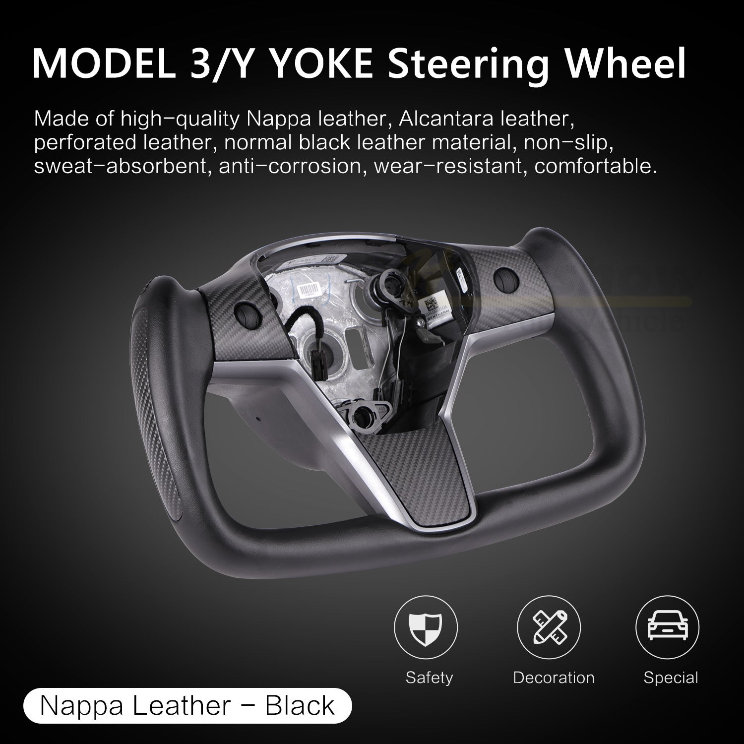 HANSSHOW Model 3/Y Yoke ratt Nappa Black Leather Ellipse stil med oppvarmet funksjon