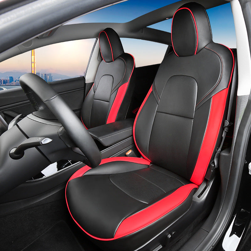 Black PU leather front seat cover with red liner edge